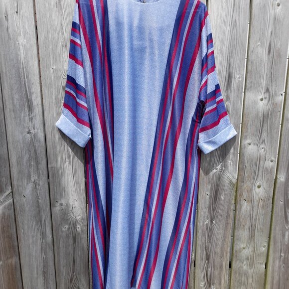 Vintage 70s Tunic Dress Kaftan 45"B Blue Red Stripes Dolman Sleeves - Picture 2 of 15